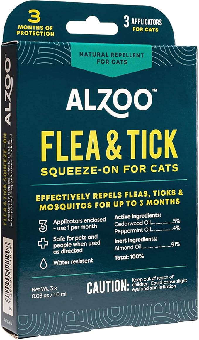 ALZOO Natural Flea & Tick Squeeze-On for Cats, Helps Repel Fleas, Ticks & Mosquitos, Up to 3-Months Protection, Plant-Based Active Ingredients, Water-Resistant, 3 EZ-On Applicators Per Pack
