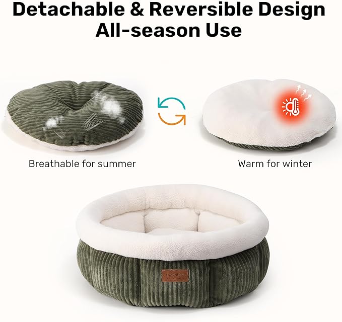 FUKUMARU Cat Bed, Corduroy Round Cat Beds for Indoor Cats, Washable Fluffy Pet Bed for Cats and Puppy, Soft Cute Small Dog Beds, Green