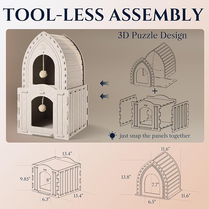 Apasiri 2-Story Cat House for Indoor Cats: Convertible 2-in-1 Felt Cat Condo, Scratch-Resistant Cat Beds, Hideaway Cave for Multi Small Pet Kitten to Relief Anxious, Transitional Modern Cat Furniture
