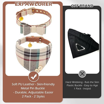 EXPAWLORER Dog Collar and Bandana Set - Classic Plaid Dog Bow Tie and Bandana Collar with PU Leather, Adjustable Collars for Small Medium Large Dogs Cats, Holiday Ideal Gift, Beige SM