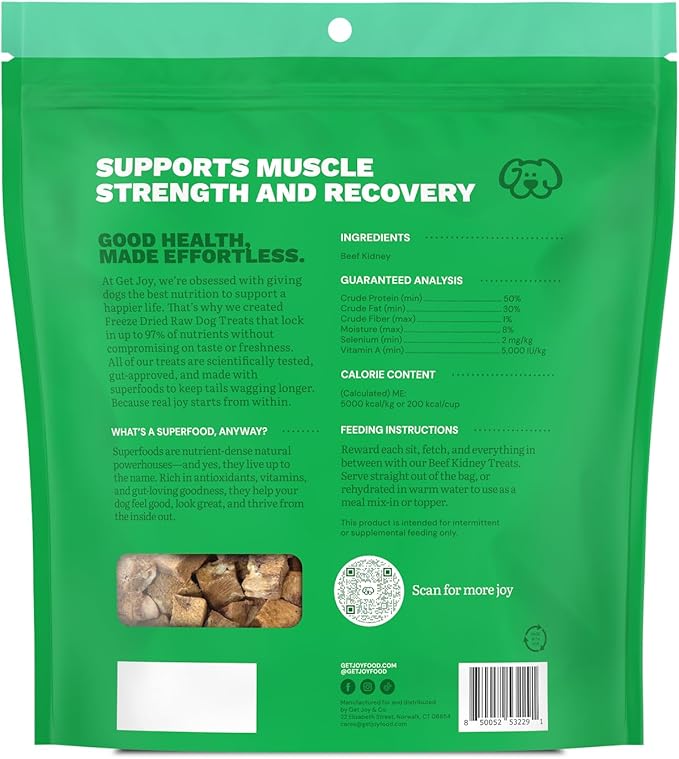 Get Joy Freeze Dried 100% Beef Kidney Dog Treats, 16oz | Single Ingredient Organ Meat, High Protein Raw Dog Food Topper, Snack & Training Rewards | Grain Free, Gluten Free, Filler Free