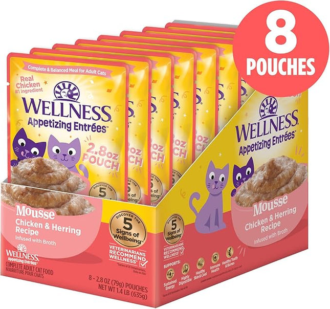 Wellness Appetizing Entrées Mousse, Adult Wet Cat Food, Natural, Protein-Rich, Grain-Free, 2.8 Ounce Pouch, 8 Pack, (Chicken & Herring Recipe)