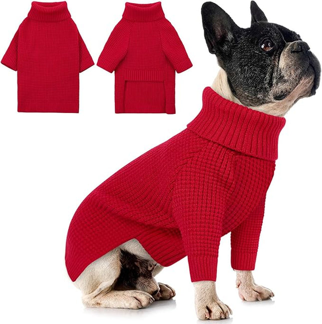 Queenmore Plaid Long Sleeve Knitted Dog Sweater with Check Pattern, Warm for Small Medium Dogs, Red