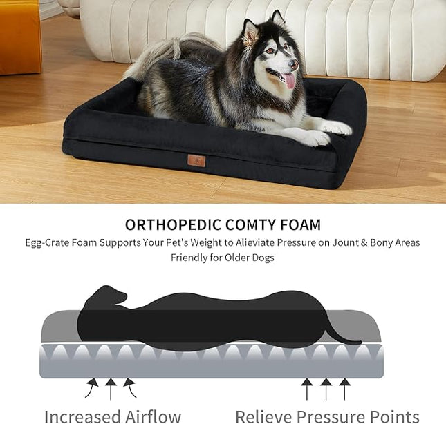 XLarge Orthopedic Dog Bed for Large Dogs, Waterproof Egg Crate Foam Dog Bed with Removable Washable Cover, 4-Sides Removable Bolster Soft Sofa Couch with Non-Slip Bottom, Black