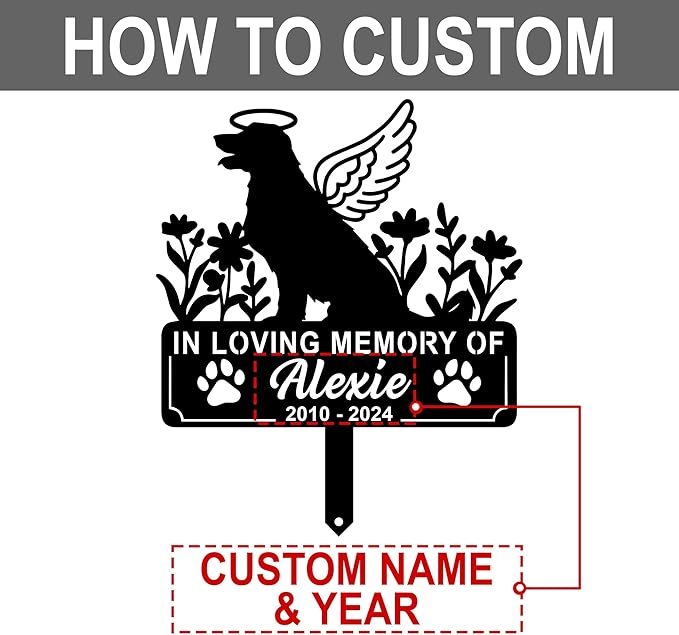 Personalized Dog Memorial Grave Marker, Custom Pet's Name Cemetery Decorations for Funerary, Metal Dog Burial Garden Stake, Outdoor Sympathy Angel Handstone Stake Plaque Gift for Loss