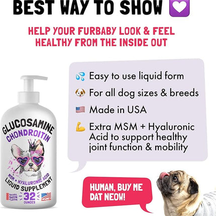 Liquid Glucosamine for Dogs Bacon Flavour Chondroitin, MSM & Hyaluronic Acid K9 Supplement Hip and Joint Formula Advanced Mobility Joint Pain Relief Senior Advanced Supplement for All Breeds 32 oz