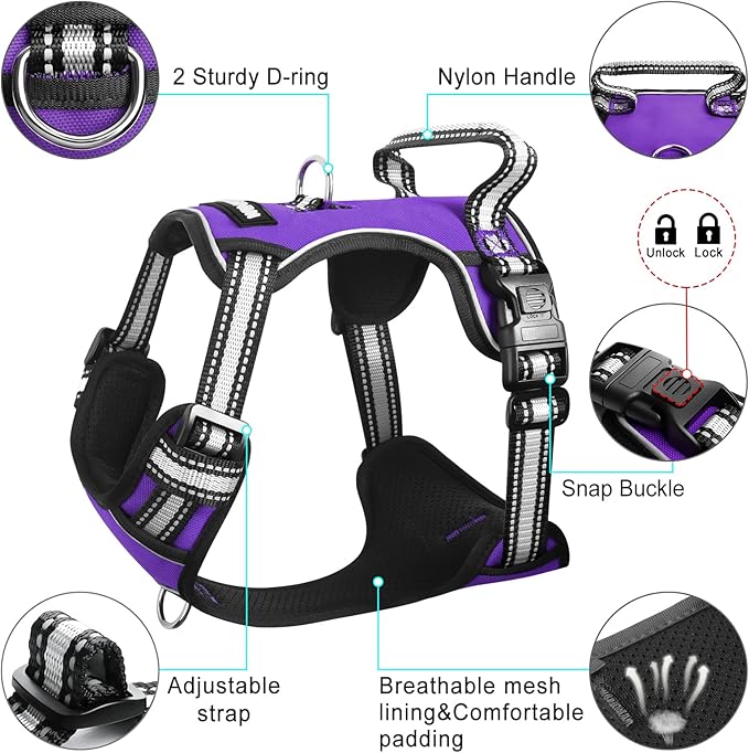 WINSEE Dog Harness No Pull, Pet Harnesses with Dog Collar, Adjustable Reflective Oxford Outdoor Vest, Front/Back Leash Clips for Small, Medium, Large, Extra Large Dogs, Easy Control Handle for Walking