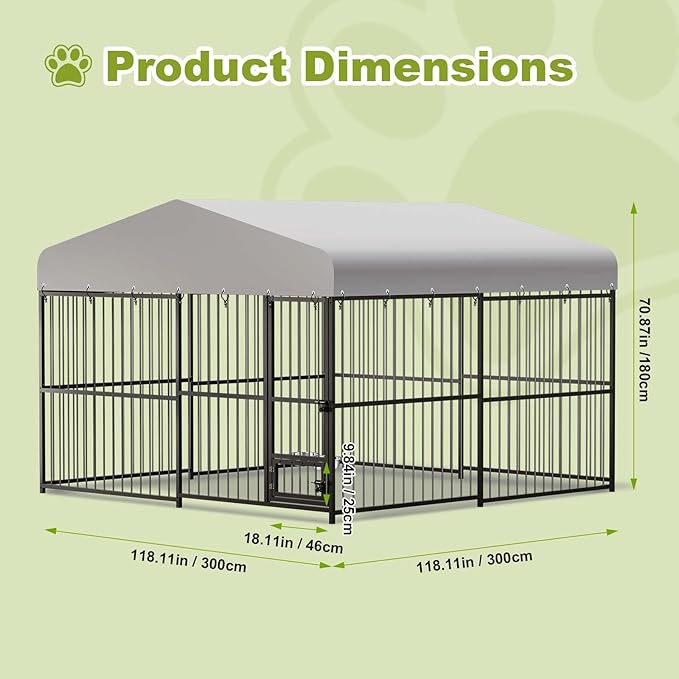 10 x 10FT Large Dog Kennel, Heavy Duty Metal Outdoor Dog Kennel, Outside Dog Playpen with Roof & Feeding Door