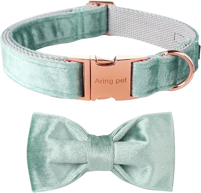 ARING PET Velvet Dog Collars with Bow tie, Dog Bowtie Collar, Adjustable Green Dog Collar,Medium.