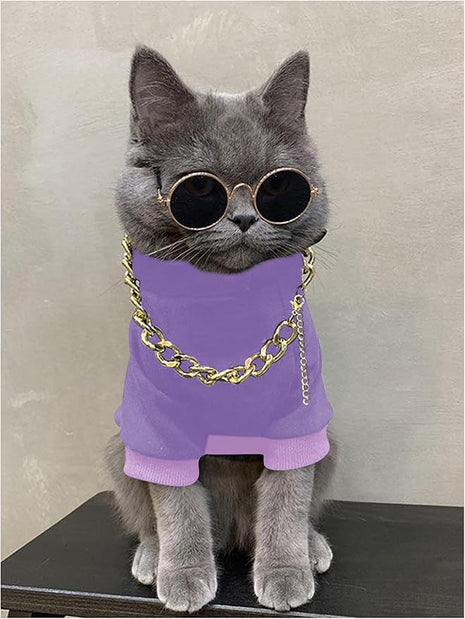QWINEE 3Pcs Dog Hoodie Cat Apparel Dog Custume Set with Necklace and Sunglasses Pet Clothes for Puppy Small Medium Dogs Cats Mauve Purple Large