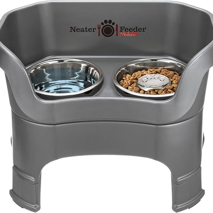 Neater Feeder Deluxe Mess Proof Dog Bowls Elevated for Large Breeds – Made in USA – No Spill Raised Slow Feeder Elevated Dog Bowl Stand w/Leg Extensions, Food and Water Bowl Set, Grey