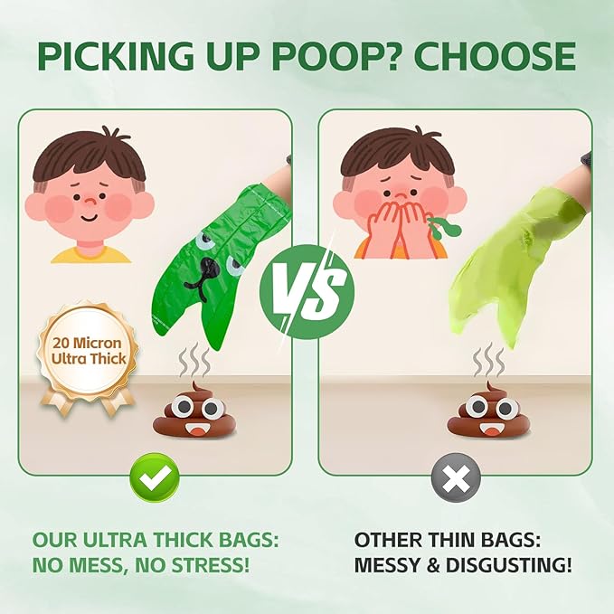 270 Count Scented Dog Poop Bags Rolls, 20 Micron Ultra Thick, Heavy Duty Tear Resistant Leak Proof for Yuck-Free Cleanup, Includes Dispenser & Leash Clip, 9 x 13 Inch, Gaze Doodle (Green)