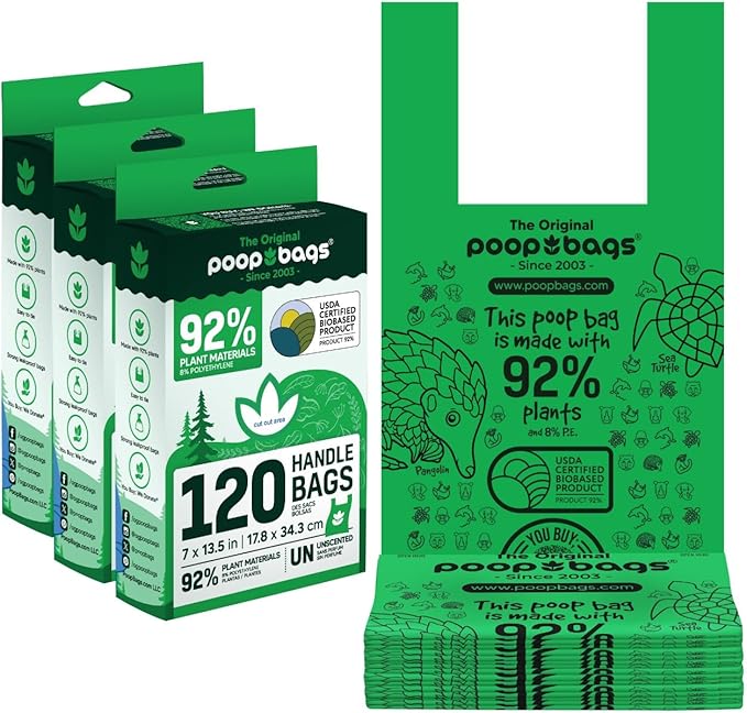 The Original Poop Bags® Tie-Handle Dog Waste Bags, 92% Plant-Based, USDA Certified, Heavy Duty, Large (360 Count (Pack of 3))