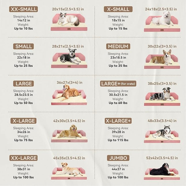 Large Dog Bed Orthopedic Washable - Couch Sofa - XXL Large Big Dogs - Beds Bolster Pet - Memory Foam - Waterproof with Removable Cover - Pink Dog Bed