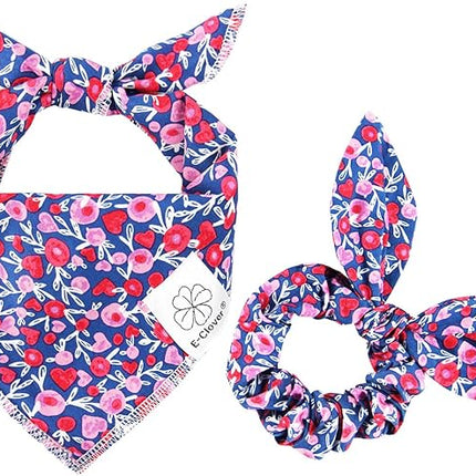 E-Clover Cute Girl Dog Bandanas & Matching Scrunchie Set Heart Dog Bandana Scarf with Bow Hair Ties for Small Puppy Dogs Pet Owner Mom Gifts Pink Floral