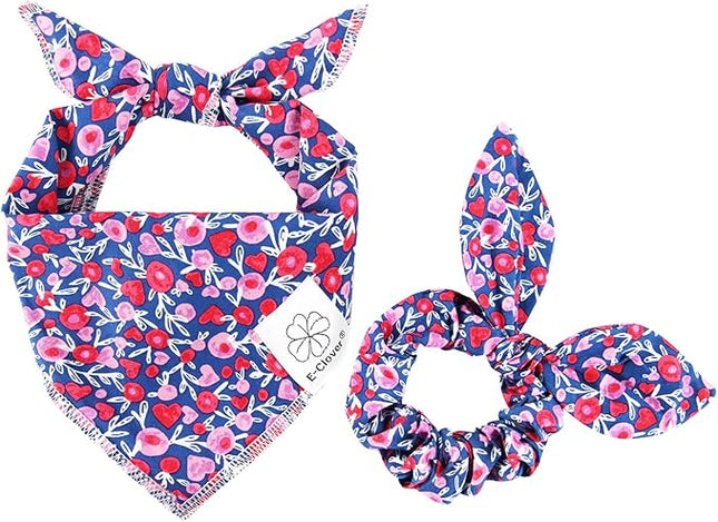 E-Clover Cute Girl Dog Bandanas & Matching Scrunchie Set Heart Dog Bandana Scarf with Bow Hair Ties for Small Puppy Dogs Pet Owner Mom Gifts Pink Floral