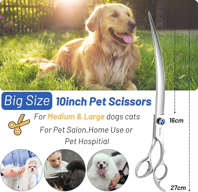 10inch Curved Dog Grooming Scissors Professional, Japanese VG10 Steel Sharp Dog Scissors for Grooming, 30 Degree Bend, with CNC Screw & Blunt Tip, Pet Trimming Shears for Dogs Cats Face and Paws