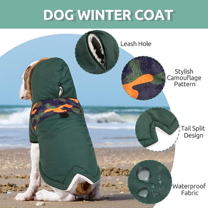 Queenmore Warm Dog Winter Coat, Cold Weather Waterproof Snow Jacket with Reflective Hoodie, Long Sleeves for Small to Large Dogs