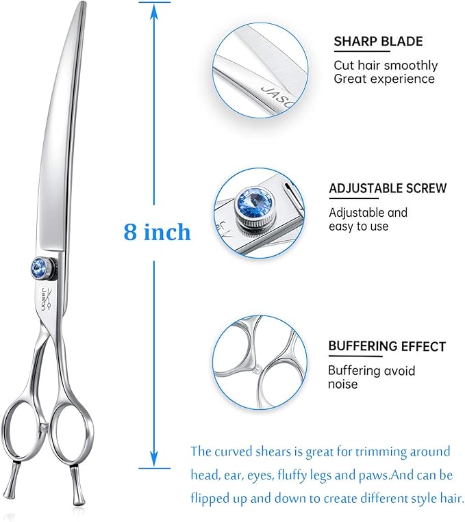 JASON 8" Curved Dog Grooming Scissors Ergonomic Pets Cats Trimming Shears with Offset Handle and a Jewelled Screw for Right Handed Groomers Long Sharp Comfortable