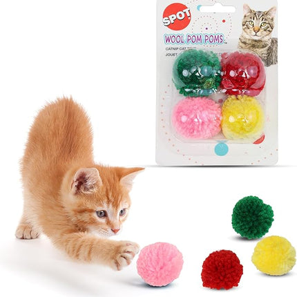 SPOT Wool Pom Poms Cat Toy - Interactive Wool Balls Cat Toy with Catnip for Cats and Kittens to Bite, Swat and Chase - 1.5 inch, 4 pcs