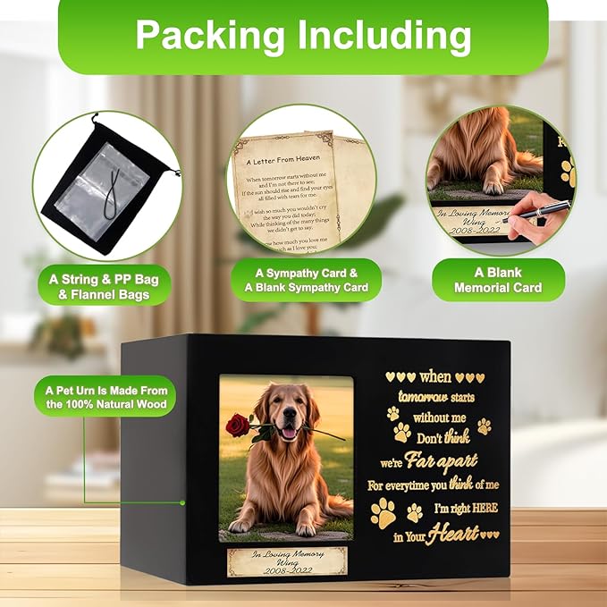 Waterproof Wooden Memorial Pet Keepsake Urn,Crafted Pet Urns for Dog or Cat,Pet Ashes Box with Photo Frame,Poem,Personalized Name Tag&Blank Condolence Card,Flannel Bag Pet Sympathy Remembrance Gift