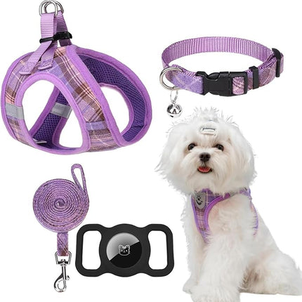 EXPAWLORER Classic Plaid Puppy Harness - Small Dog Harness and Leash Set - Dog Collar and Leash Set with AirTag Holder, Soft Padded Step in Dog Vest Harness No Pull Reflective for Outdoor, Purple XS