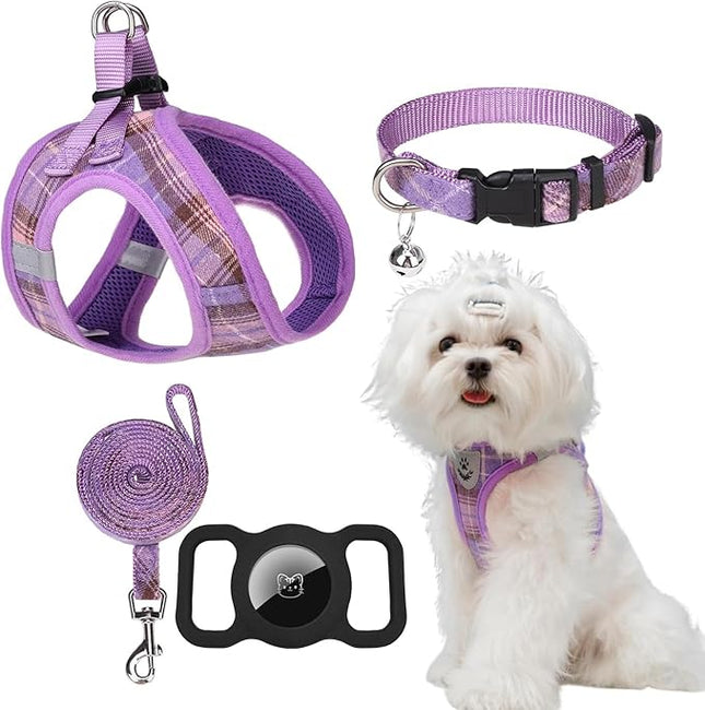 EXPAWLORER Classic Plaid Puppy Harness - Small Dog Harness and Leash Set - Dog Collar and Leash Set with AirTag Holder, Soft Padded Step in Dog Vest Harness No Pull Reflective for Outdoor, Purple XS
