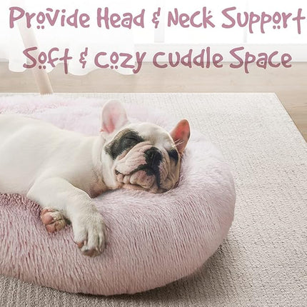 Friends Forever Donut Dog Bed Faux Fur Fluffy Calming Sofa For Large Dogs, Soft & Plush Anti Anxiety Pet Couch For Dogs, Machine Washable Coco Pet Bed with Non-Slip Bottom, 36"x36"x8" Pink