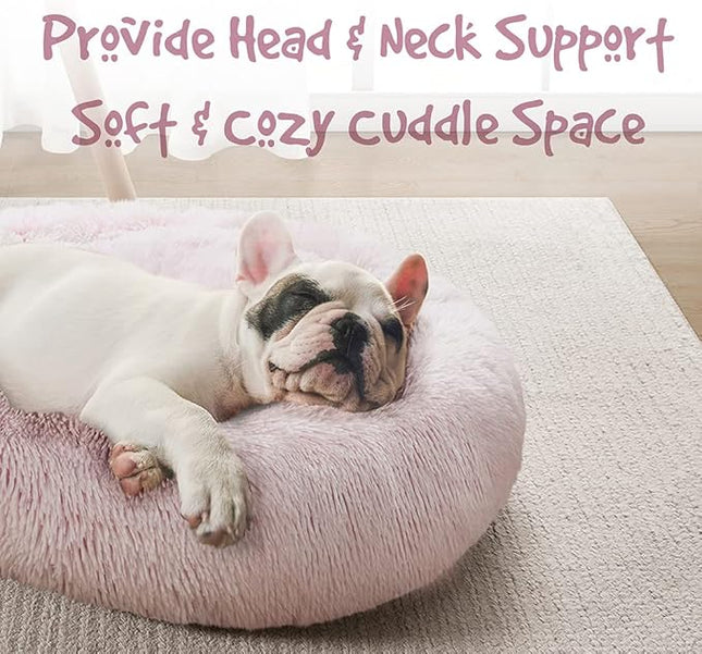 Friends Forever Donut Dog Bed Faux Fur Fluffy Calming Sofa For Medium Dogs, Soft & Plush Anti Anxiety Pet Couch For Dogs, Machine Washable Coco Pet Bed with Non-Slip Bottom, 30"x30"x7" Pink