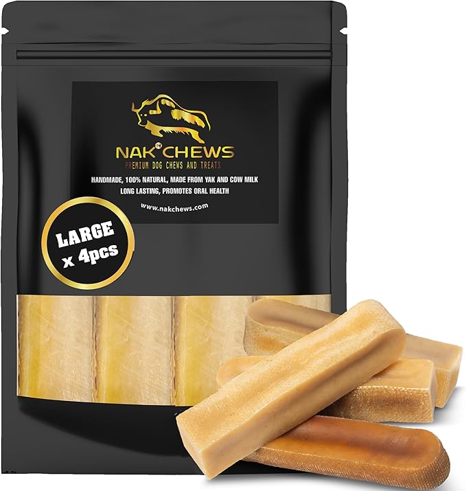 Himalayan Yak Cheese Dog Chews - Natural Healthy & Safe Treat for Large Dogs - Long Lasting Dental Chew Rich in Protein & Calcium - Gluten-Free Lactose-Free - 4 Chews for Large Dogs
