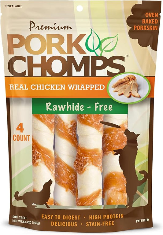 Pork Chomps Baked Pork Skin Dog Chews, 6-inch Twists, Real Chicken Wrap, 4 Count