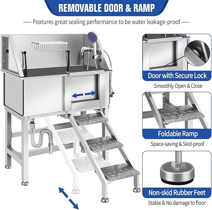 Professional Stainless Steel Dog Grooming Tub W/Soap Box, Faucet,Rich Accessory, Bathtub For Multiple Pets, Washing Sink For Home