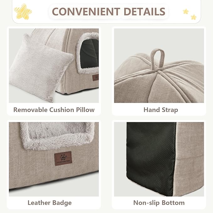 WINDRACING Cat Bed for Indoor Cats - Cat Cave Cat House Cats Tent with Removable Washable Cushioned Pillow, Soft and Self Kitten beds (Large, Beige)