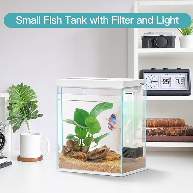 Betta Fish Tank, 2 Gallon Glass Aquarium Starter Kit, Small Fish Tank with Filter and Light.(White)