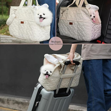 HSC PET Beige Small Dog Bag Woman,Cat Carrier Quilted Pet Soft Sided Leisure Pups Totes Traveling Go to Vet,Pet Function Handbag with 3 Pockets,12 lbs Puppy/15 lbs Cat or Kittens