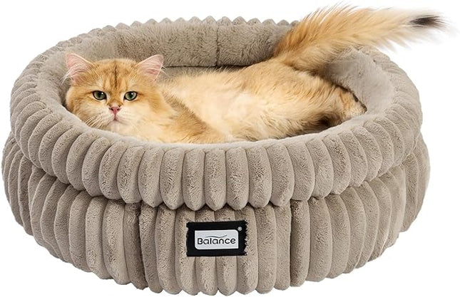 BALANCE Cat Bed Kitten Bed, Washable Round Cat Beds for Indoor Cats,Super Soft Plush Faux Fur Pet Bed for Puppy and Kitten with Anti-Slip Bottom