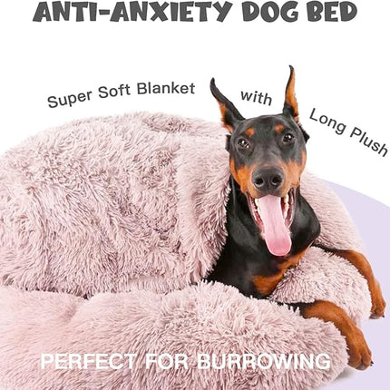 Himax Dog Beds for Large Dogs, Donut Dogs Beds with Blanket Attached, Calming Dog Bed Washable (20"/26"/35") Beige