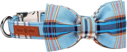 Lionet Paws Boy Dog Collar with Bowtie, Comfortable Adjustable Cute Blue Plaid Bow Tie Collar for Male Puppies and Cats Gift, XS, Neck 8-12 inches