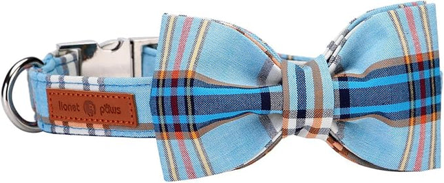 Lionet Paws Boy Dog Collar with Bowtie, Comfortable Adjustable Cute Blue Plaid Bow Tie Collar for Male Dogs Gift, Medium, Neck 13.5-22 inches