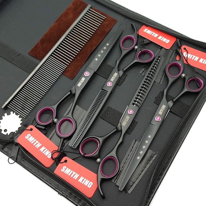 7.0 inches Professional Dog Grooming Scissors Set Straight & thinning & Curved & chunkers 4pcs in 1 Set (with Comb)