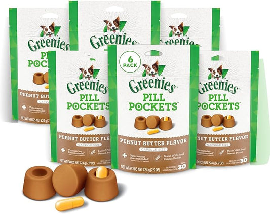 Greenies Pill Pockets for Dogs Large Size, Soft Dog Treats, Real Peanut Butter Flavor, (6) 7.9 oz. Pouches (180 Treats Total)
