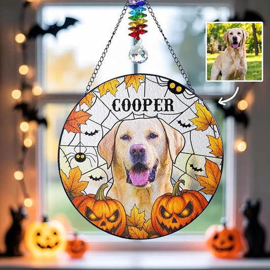 Custom Stained Glass Dog Halloween, Personalized Pumpkin Dog Portrait from Photo, Spooky Dogs Fall Decor, Dogs Witch Halloween, Pet Sympathy Gift, Pet Memorial Decor /20