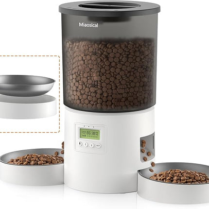 Automatic Cat Feeder for 2 Cats, 4.2L Dual Food Dispenser, Up to 6 Meals/Day, Portion Control, Voice Message, Dual Power Options (Transparent+White, Dual Stainless Steel Bowls)