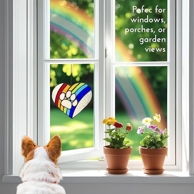 LASTINGTAILS Stained Glass Rainbow Bridge Dog Memorial Gifts for Loss of Dog, Heart Paw Print Suncatcher Loss of Dog Sympathy Gift, Dog Passing Away Gifts, Pet Remembrance for pet Lovers