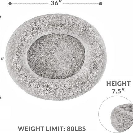 Friends Forever Serena Donut Memory Foam Orthopedic Dog Bed, Soft Faux Fur Oval Cat Couch For Indoor Pet, Fluffy Calming Plush Shag, Round Raised Bolster Cushion, Machine Washable Cuddler, Grey