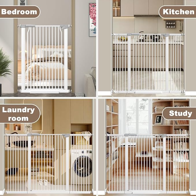 41-Inch Extra Tall Metal Baby Gate for Doorway, 76.8-79.5'' Pet Safe Gate with Expansion Kit, No Drilling Cat Fence Indoor, No Climb Child Door, White