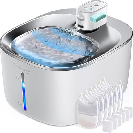 Cordless Cat Water Fountain Battery Operated, FEELNEEDY 4L/135 fl oz Pet Water Fountain for Cats and Dog with Motion Sensor, Ultra Quiet Cat Drinking Fountain with 6 Filters (YPD-C004P), White