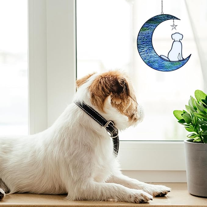 Dog Memorial Gifts for Loss of Dog Sympathy Gift, Stained Glass Dog Decor on Moon Window Hanging Suncatcher Pet Memorial Gifts Sympathy Pet Loss Gifts for Dog Lovers