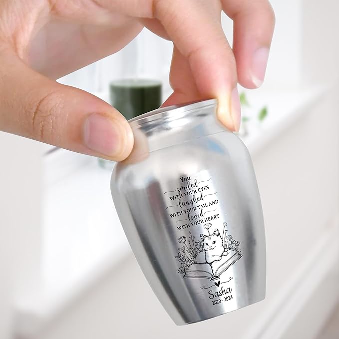 Artsy Woodsy Personalized Pet Memorial Mini Urns - Stainless Steel Decorative Keepsake Urns for Ashes, 2.56 inch, Gifts for Cat Lovers in Loving Memory