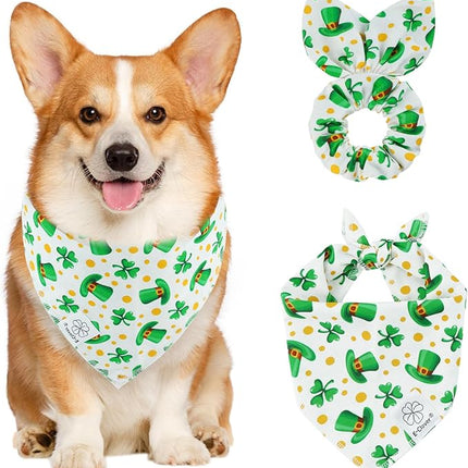 E-Clover St Patricks Day Dog Bandana & Matching Scrunchie Set Cute Girl Dog Scarf Bibs Pet Bandanas with Bow Tie for Small Dogs Puppy Owner Mom Green